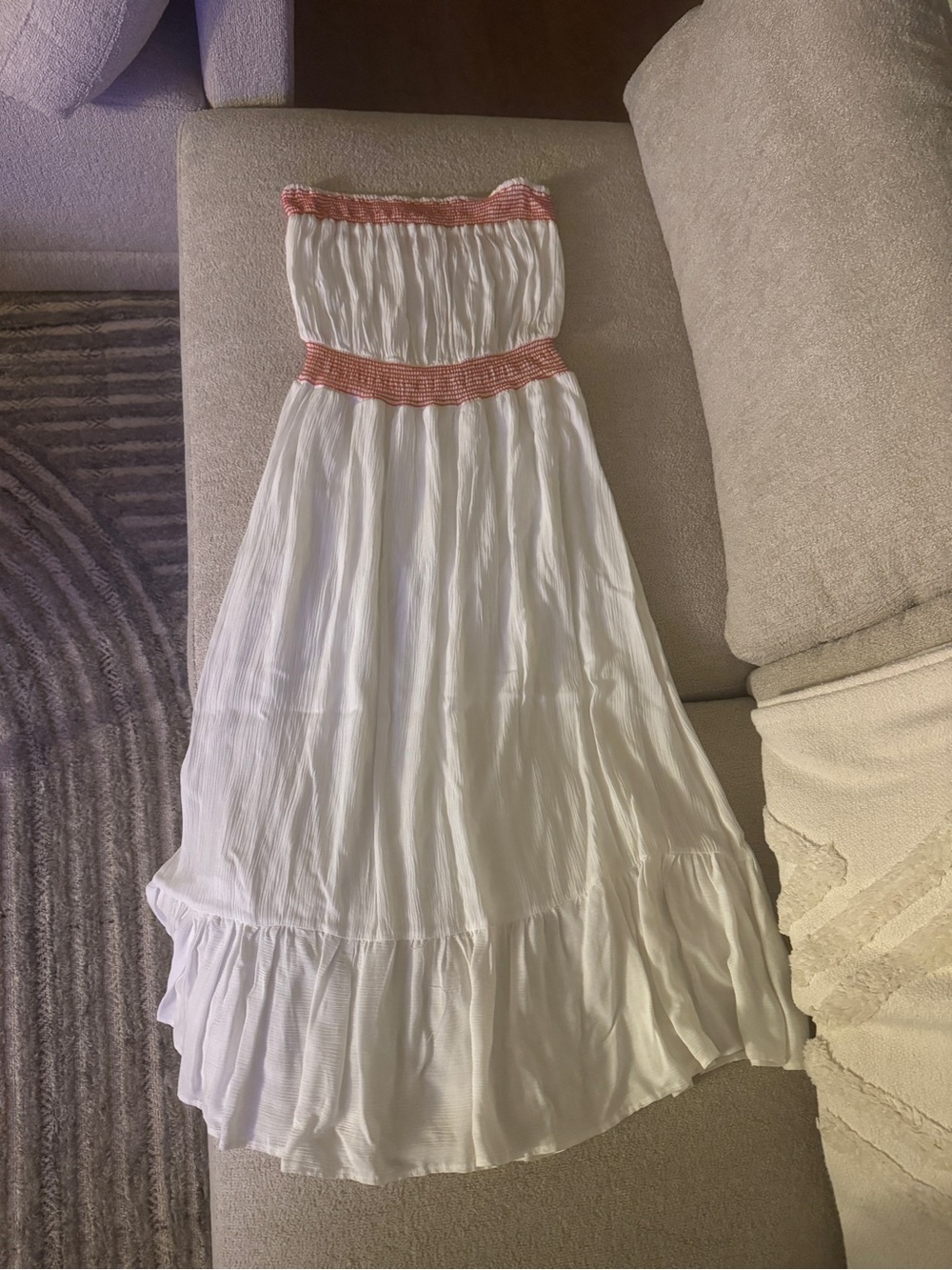 Zara White Strapless Maxi Dress with Red Smocked Trim